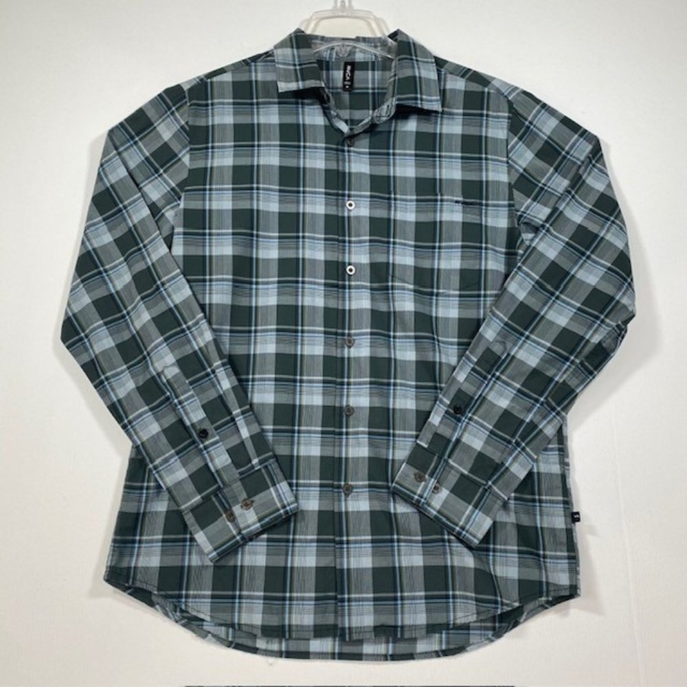 RVCA Brand Button Up Shirt Men's Size Medium Green Gray Plaid Long Sleeve
